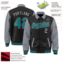 Laden Sie das Bild in den Galerie-Viewer, Uksn Individuelles Bomberjacke in Schwarz-Petrol-Grau mit Byron-Stil, Reverskragen, Druckknopfleiste, Zweifarben-Design und Varsity-Letterman-Stil