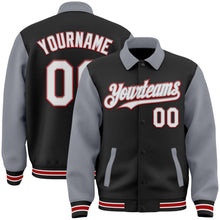 Laden Sie das Bild in den Galerie-Viewer, Uksn Individuelles Bomberjacke in Schwarz-Grau-Rot mit Byron-Stil, Reverskragen, Druckknopfleiste, Zweifarben-Design und Varsity-Letterman-Stil