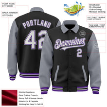 Laden Sie das Bild in den Galerie-Viewer, Uksn Individuelles Bomberjacke in Schwarz-Grau-Violett mit Byron-Stil, Reverskragen, Druckknopfleiste, Zweifarben-Design und Varsity-Letterman-Stil