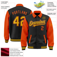 Laden Sie das Bild in den Galerie-Viewer, Uksn Individuelles Bomberjacke in Schwarz-Gold-Orange mit Byron-Stil, Reverskragen, Druckknopfleiste, Zweifarben-Design und Varsity-Letterman-Stil