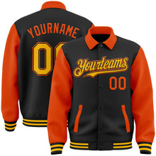 Laden Sie das Bild in den Galerie-Viewer, Uksn Individuelles Bomberjacke in Schwarz-Gold-Orange mit Byron-Stil, Reverskragen, Druckknopfleiste, Zweifarben-Design und Varsity-Letterman-Stil