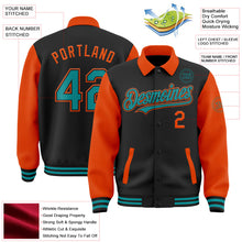 Laden Sie das Bild in den Galerie-Viewer, Uksn Individuelles Bomberjacke in Schwarz-Petrol-Orange mit Byron-Stil, Reverskragen, Druckknopfleiste, Zweifarben-Design und Varsity-Letterman-Stil