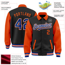 Laden Sie das Bild in den Galerie-Viewer, Uksn Individuelles Bomberjacke in Schwarz-Royalblau-Orange mit Byron-Stil, Reverskragen, Druckknopfleiste, Zweifarben-Design und Varsity-Letterman-Stil