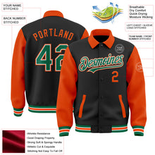 Laden Sie das Bild in den Galerie-Viewer, Uksn Individuelles Bomberjacke in Schwarz-Kelly-Grün-Orange mit Byron-Stil, Reverskragen, Druckknopfleiste, Zweifarben-Design und Varsity-Letterman-Stil