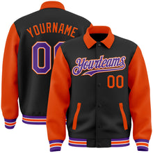 Laden Sie das Bild in den Galerie-Viewer, Uksn Individuelles Bomberjacke in Schwarz-Violett-Orange mit Byron-Stil, Reverskragen, Druckknopfleiste, Zweifarben-Design und Varsity-Letterman-Stil