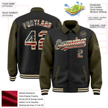 Laden Sie das Bild in den Galerie-Viewer, Uksn Individuelles Bomberjacke in Schwarz-Oliv-Creme mit Vintage-USA-Flagge, Byron-Stil, Reverskragen, Druckknopfleiste, Zweifarben-Design und Varsity-Letterman-Stil