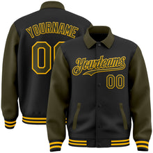 Laden Sie das Bild in den Galerie-Viewer, Uksn Individuelles Bomberjacke in Schwarz-Oliv-Gold mit Byron-Stil, Reverskragen, Druckknopfleiste, Zweifarben-Design und Varsity-Letterman-Stil