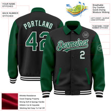 Laden Sie das Bild in den Galerie-Viewer, Uksn Individuelles Bomberjacke in Schwarz-Kelly-Grün-Weiß mit Byron-Stil, Reverskragen, Druckknopfleiste, Zweifarben-Design und Varsity-Letterman-Stil