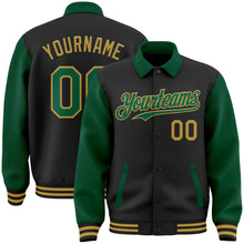 Laden Sie das Bild in den Galerie-Viewer, Uksn Individuelles Bomberjacke in Schwarz-Kelly-Grün-Altgold mit Byron-Stil, Reverskragen, Druckknopfleiste, Zweifarben-Design und Varsity-Letterman-Stil
