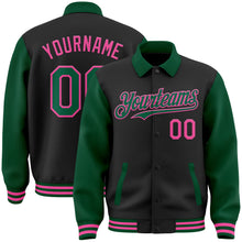 Laden Sie das Bild in den Galerie-Viewer, Uksn Individuelles Bomberjacke in Schwarz-Kelly-Grün-Pink mit Byron-Stil, Reverskragen, Druckknopfleiste, Zweifarben-Design und Varsity-Letterman-Stil