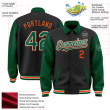 Laden Sie das Bild in den Galerie-Viewer, Uksn Individuelles Bomberjacke in Schwarz-Kelly-Grün-Orange mit Byron-Stil, Reverskragen, Druckknopfleiste, Zweifarben-Design und Varsity-Letterman-Stil