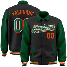 Laden Sie das Bild in den Galerie-Viewer, Uksn Individuelles Bomberjacke in Schwarz-Kelly-Grün-Orange mit Byron-Stil, Reverskragen, Druckknopfleiste, Zweifarben-Design und Varsity-Letterman-Stil