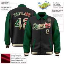 Laden Sie das Bild in den Galerie-Viewer, Uksn Individuelles Bomberjacke in Schwarz-Kelly-Grün-Creme mit Vintage-Mexiko-Flagge, Byron-Stil, Reverskragen, Druckknopfleiste, Zweifarben-Design und Varsity-Letterman-Stil