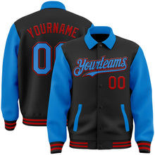 Laden Sie das Bild in den Galerie-Viewer, Uksn Individuelles Bomberjacke in Schwarz-Puderblau-Rot mit Byron-Stil, Reverskragen, Druckknopfleiste, Zweifarben-Design und Varsity-Letterman-Stil