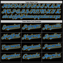 Laden Sie das Bild in den Galerie-Viewer, Uksn Individuelles Bomberjacke in Schwarz-Puderblau-Gold mit Byron-Stil, Reverskragen, Druckknopfleiste, Zweifarben-Design und Varsity-Letterman-Stil