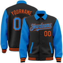 Laden Sie das Bild in den Galerie-Viewer, Uksn Individuelles Bomberjacke in Schwarz-Puderblau-Orange mit Byron-Stil, Reverskragen, Druckknopfleiste, Zweifarben-Design und Varsity-Letterman-Stil