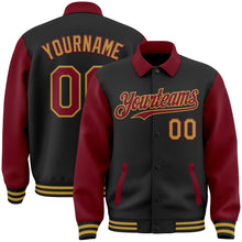 Laden Sie das Bild in den Galerie-Viewer, Uksn Individuelles Bomberjacke in Schwarz-Karmesinrot-Altgold mit Byron-Stil, Reverskragen, Druckknopfleiste, Zweifarben-Design und Varsity-Letterman-Stil