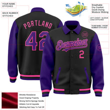 Laden Sie das Bild in den Galerie-Viewer, Uksn Individuelles Bomberjacke in Schwarz-Violett-Pink mit Byron-Stil, Reverskragen, Druckknopfleiste, Zweifarben-Design und Varsity-Letterman-Stil