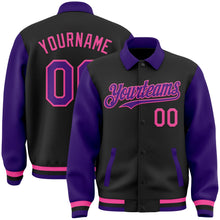 Laden Sie das Bild in den Galerie-Viewer, Uksn Individuelles Bomberjacke in Schwarz-Violett-Pink mit Byron-Stil, Reverskragen, Druckknopfleiste, Zweifarben-Design und Varsity-Letterman-Stil