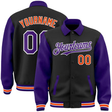 Laden Sie das Bild in den Galerie-Viewer, Uksn Individuelles Bomberjacke in Schwarz-Violett-Orange mit Byron-Stil, Reverskragen, Druckknopfleiste, Zweifarben-Design und Varsity-Letterman-Stil