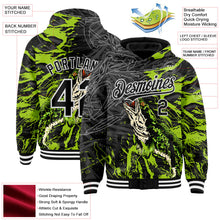 Laden Sie das Bild in den Galerie-Viewer, Uksn Individuelles Bomberjacke in Schwarz-Neongrün-Weiß mit 3D-Schlangenkopf-Angel-Motiv, Druckknopfleiste, Kapuze und Varsity-Letterman-Stil