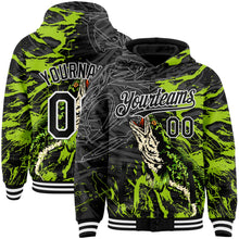 Laden Sie das Bild in den Galerie-Viewer, Uksn Individuelles Bomberjacke in Schwarz-Neongrün-Weiß mit 3D-Schlangenkopf-Angel-Motiv, Druckknopfleiste, Kapuze und Varsity-Letterman-Stil