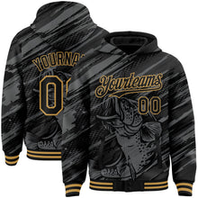 Laden Sie das Bild in den Galerie-Viewer, Uksn Individuelles Bomberjacke in Schwarz-Altgold mit 3D-Schwarzbarsch-Angel-Motiv, Druckknopfleiste, Kapuze und Varsity-Letterman-Stil