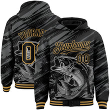 Laden Sie das Bild in den Galerie-Viewer, Uksn Individuelles Bomberjacke in Schwarz-Altgold mit 3D-Schwarzbarsch-Angel-Motiv, Druckknopfleiste, Kapuze und Varsity-Letterman-Stil
