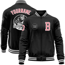 Laden Sie das Bild in den Galerie-Viewer, Uksn Individuelles Bomberjacke in Schwarz-Mittelrosa-Weiß mit Reißverschluss und Varsity-Letterman-Stil