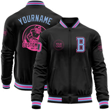 Laden Sie das Bild in den Galerie-Viewer, Uksn Individuelles Bomberjacke in Schwarz-Hellblau-Pink mit Reißverschluss und Varsity-Letterman-Stil