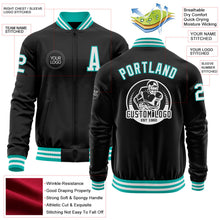 Laden Sie das Bild in den Galerie-Viewer, Uksn Individuelles Bomberjacke in Schwarz-Weiß-Aqua mit Reißverschluss und Varsity-Letterman-Stil