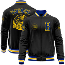 Laden Sie das Bild in den Galerie-Viewer, Uksn Individuelles Bomberjacke in Schwarz-Royalblau-Gelb mit Reißverschluss und Varsity-Letterman-Stil