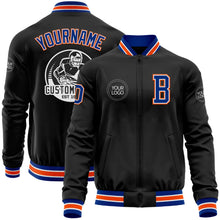 Laden Sie das Bild in den Galerie-Viewer, Uksn Individuelles Bomberjacke in Schwarz-Royalblau-Orange mit Reißverschluss und Varsity-Letterman-Stil