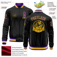 Laden Sie das Bild in den Galerie-Viewer, Uksn Individuelles Bomberjacke in Schwarz-Violett-Gold mit Reißverschluss und Varsity-Letterman-Stil