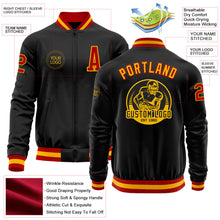Laden Sie das Bild in den Galerie-Viewer, Uksn Individuelles Bomberjacke in Schwarz-Rot-Gold mit Reißverschluss und Varsity-Letterman-Stil