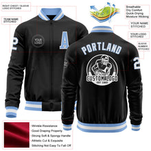 Laden Sie das Bild in den Galerie-Viewer, Uksn Individuelles Bomberjacke in Schwarz-Hellblau-Weiß mit Reißverschluss und Varsity-Letterman-Stil