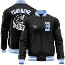 Laden Sie das Bild in den Galerie-Viewer, Uksn Individuelles Bomberjacke in Schwarz-Hellblau-Weiß mit Reißverschluss und Varsity-Letterman-Stil