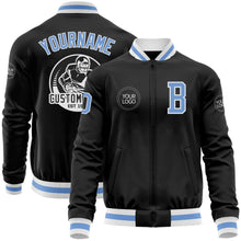 Laden Sie das Bild in den Galerie-Viewer, Uksn Individuelles Bomberjacke in Schwarz-Hellblau-Weiß mit Reißverschluss und Varsity-Letterman-Stil