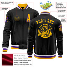 Laden Sie das Bild in den Galerie-Viewer, Uksn Individuelles Bomberjacke in Schwarz-Gold-Violett mit Reißverschluss und Varsity-Letterman-Stil
