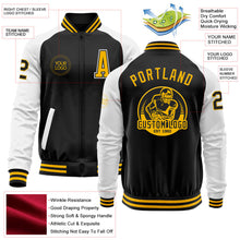 Laden Sie das Bild in den Galerie-Viewer, Uksn Individuelles Bomberjacke in Schwarz-Gold-Weiß mit Reißverschluss, Zweifarben-Design und Varsity-Letterman-Stil