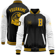 Laden Sie das Bild in den Galerie-Viewer, Uksn Individuelles Bomberjacke in Schwarz-Gold-Weiß mit Reißverschluss, Zweifarben-Design und Varsity-Letterman-Stil