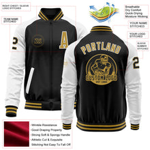 Laden Sie das Bild in den Galerie-Viewer, Uksn Individuelles Bomberjacke in Schwarz-Altgold-Weiß mit Reißverschluss, Zweifarben-Design und Varsity-Letterman-Stil
