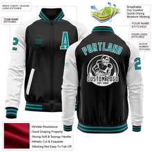 Laden Sie das Bild in den Galerie-Viewer, Uksn Individuelles Bomberjacke in Schwarz-Petrol-Weiß mit Reißverschluss, Zweifarben-Design und Varsity-Letterman-Stil