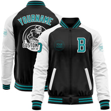 Laden Sie das Bild in den Galerie-Viewer, Uksn Individuelles Bomberjacke in Schwarz-Petrol-Weiß mit Reißverschluss, Zweifarben-Design und Varsity-Letterman-Stil
