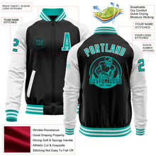 Laden Sie das Bild in den Galerie-Viewer, Uksn Individuelles Bomberjacke in Schwarz-Aqua-Weiß mit Reißverschluss, Zweifarben-Design und Varsity-Letterman-Stil