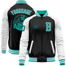 Laden Sie das Bild in den Galerie-Viewer, Uksn Individuelles Bomberjacke in Schwarz-Aqua-Weiß mit Reißverschluss, Zweifarben-Design und Varsity-Letterman-Stil
