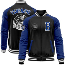 Laden Sie das Bild in den Galerie-Viewer, Uksn Individuelles Bomberjacke in Schwarz-Royalblau-Weiß mit Reißverschluss, Zweifarben-Design und Varsity-Letterman-Stil