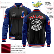 Laden Sie das Bild in den Galerie-Viewer, Uksn Individuelles Bomberjacke in Schwarz-Rot-Royalblau mit Reißverschluss, Zweifarben-Design und Varsity-Letterman-Stil