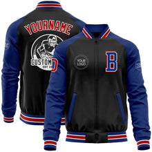 Laden Sie das Bild in den Galerie-Viewer, Uksn Individuelles Bomberjacke in Schwarz-Rot-Royalblau mit Reißverschluss, Zweifarben-Design und Varsity-Letterman-Stil