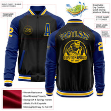 Laden Sie das Bild in den Galerie-Viewer, Uksn Individuelles Bomberjacke in Schwarz-Gelb-Royalblau mit Reißverschluss, Zweifarben-Design und Varsity-Letterman-Stil